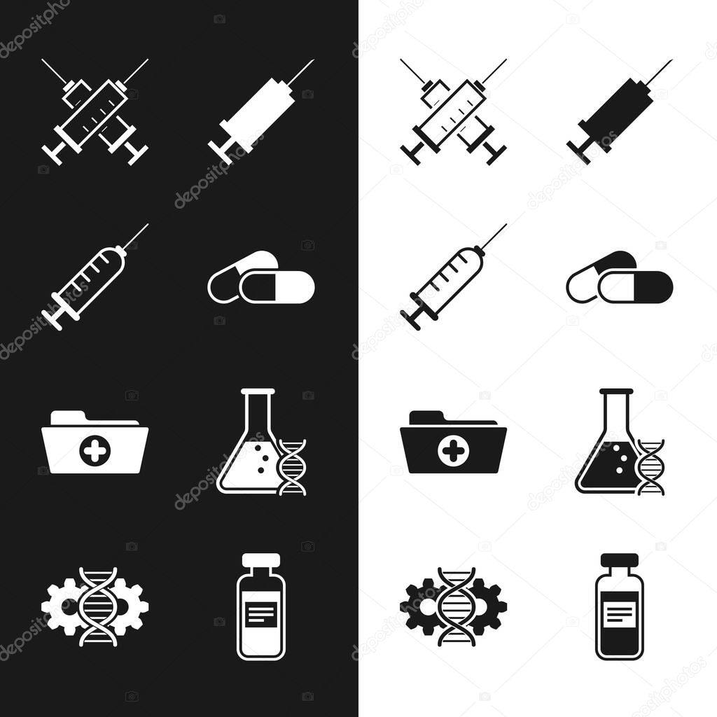 Set Medicine pill or tablet, Syringe, Crossed syringe, , Health record folder and DNA research, search icon. Vector