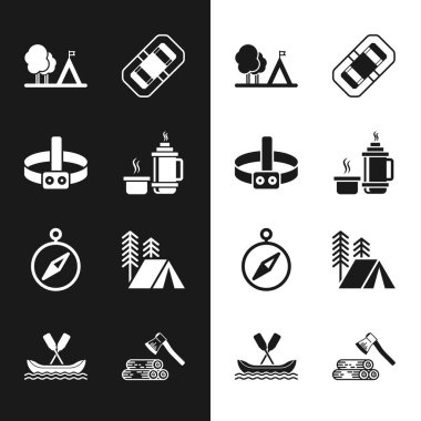 Termos kabı, el feneri, bayraklı turist çadırı, Rafting teknesi, pusula, tahta balta, ahşap ve ikon. Vektör