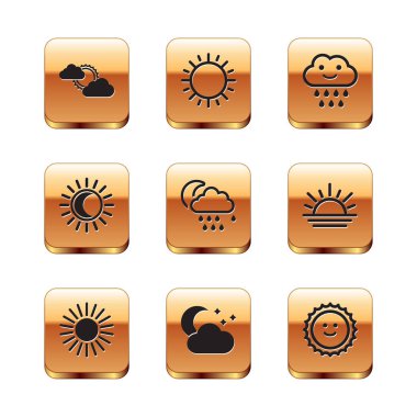 Güneş ve bulut havası, ay yıldızlı bulut, yağmur, güneş tutulması ve ikon. Vektör