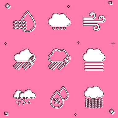 Su damlası yüzdesini, karlı bulutu, rüzgarı, yağmuru, şimşeği ve sis bulutu simgesini ayarla. Vektör