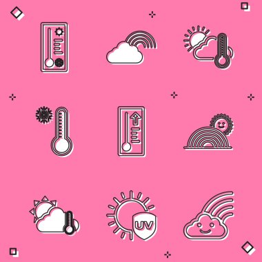 Meteoroloji termometresini, gökkuşağını bulutlu, termometre ve bulutlu, güneş ve ultraviyole koruma ikonunu ayarla. Vektör