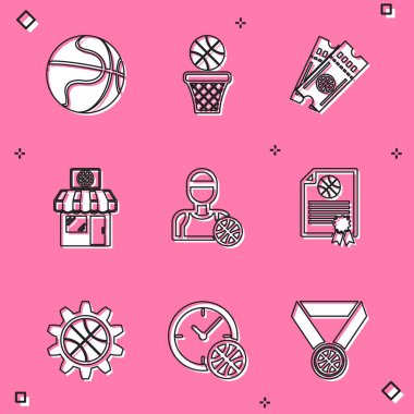 Basketbol, basket, maç bileti, spor mağazası basketbol, oyuncu, sertifika ödülü, planlama stratejisi konsepti ve ikonlu saat. Vektör