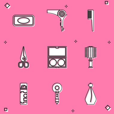 Sabun, saç kurutma makinesi, saç fırçası, makas aynalı makyaj tozu tıraş köpüğü ve ikon. Vektör