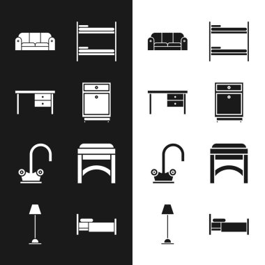 Mobilya sehpası, ofis masası, kanepe, ranza, su musluğu, sandalye, yatak ve yer lambası ikonu. Vektör