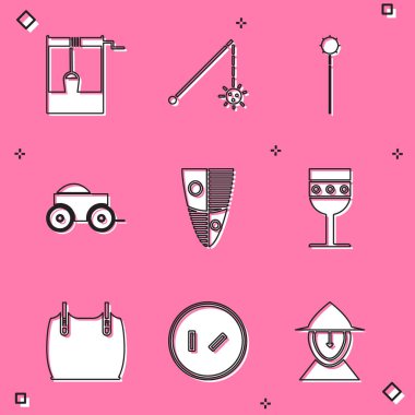 Kovayla iyi hazırlanmış, Ortaçağ topları, tahta dört tekerlek arabası, kalkan, kadeh, çelik yelek ve yuvarlak ahşap kalkan ikonu. Vektör