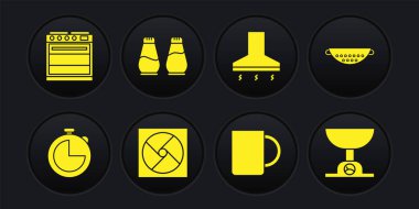 Mutfak zamanlayıcısı, süzgeç, havalandırma, kahve fincanı, vantilatör, tuz biberi, elektronik pullar ve fırın ikonu. Vektör