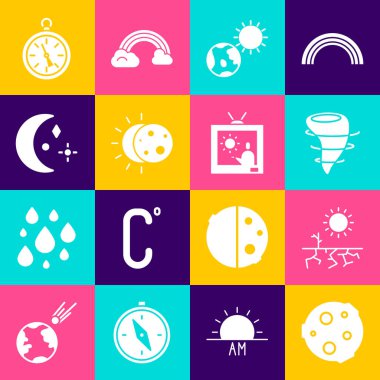 Set Moon, Kuraklık, Tornado, Dünya küresi ve güneş, Güneş tutulması, yıldızlar, pusula ve hava durumu ikonu. Vektör