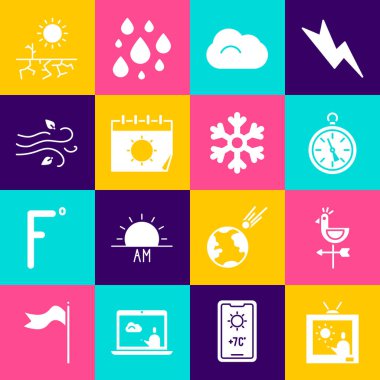 Hava tahmini, horoz rüzgar gülü, pusula, bulut, takvim ve güneş, rüzgar, kuraklık ve kar tanesi ikonu. Vektör