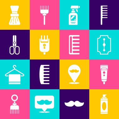 Tıraş jölesi köpüğü, elektrikli saç makası, tıraş makinesi, tıraş bıçağı, tıraş bıçağı, saç spreyi şişesi, makas kuaförü, saç fırçası ve saç fırçası ikonu. Vektör