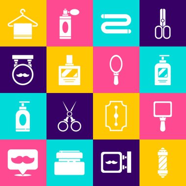 Klasik berber dükkanı direği, el aynası, şampuan şişesi, havlu, tıraş losyonu, berber dükkanı, askı ve ikon. Vektör