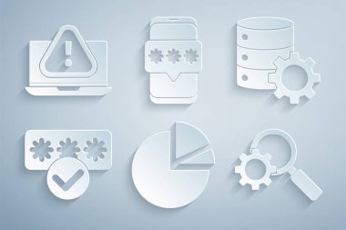 Pasta grafiği bilgisini, sunucu ve donanımı, parola koruması, büyüteç, mobil şifre ve ünlem simgesi olan dizüstü bilgisayarı ayarla. Vektör