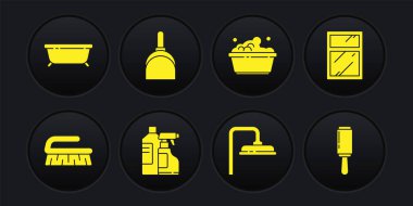 Temizlik için fırça, temizlik servisi pencereleri, şişe açıcı, duş başlığı, sabun köpüklü plastik leğen, faraş, yapışkan silindir ve küvet ikonu. Vektör