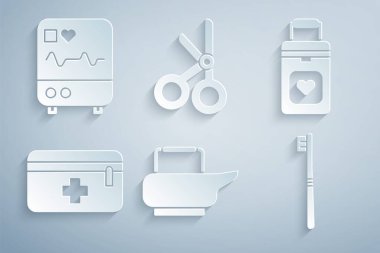 Lazımlığı, organ kabını, ilk yardım çantasını, diş fırçasını, tıbbi makası ve kardiyogram ikonlu monitörü hazırlayın. Vektör