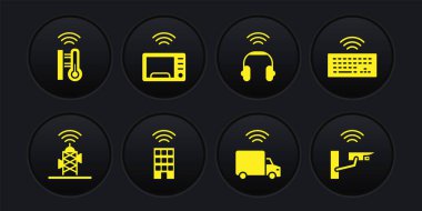 Kablosuz anten, klavye kablosuz akıllı ev, kamyon, kulaklık, mikrodalga fırın, güvenlik kamerası ve termometre ikonu. Vektör