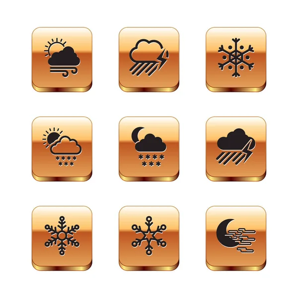 Set Windy weather, Snowflake, Cloud with snow and moon, sun and icon. Vector — Stock Vector