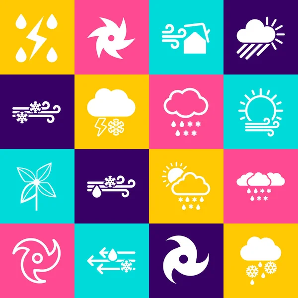 Set Wolke mit Schnee und Regen, Wind Sonne, Tornado Wirbel, Blitz, Sturm und Symbol. Vektor — Stockvektor