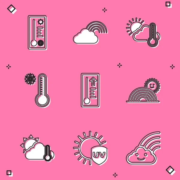 Meteoroloji termometresini, gökkuşağını bulutlu, termometre ve bulutlu, güneş ve ultraviyole koruma ikonunu ayarla. Vektör