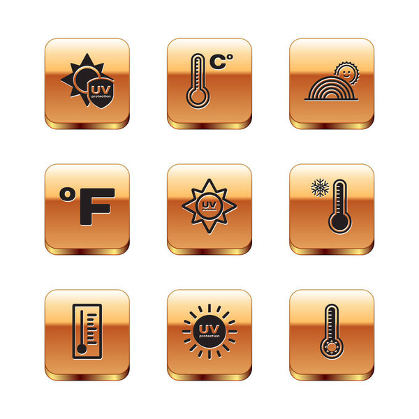 Set UV protection, Meteorology thermometer, Fahrenheit, Rainbow with sun, and icon. Vector