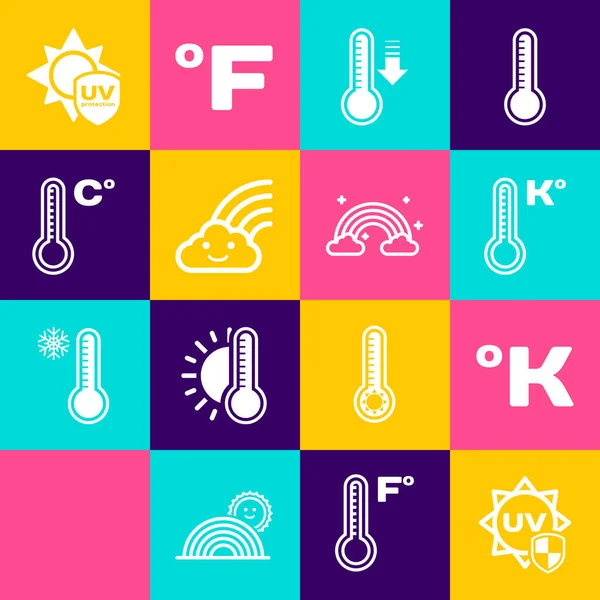 Set UV protection, Kelvin, Meteorology thermometer, Rainbow with cloud, and clouds icon. Vector — Stock Vector