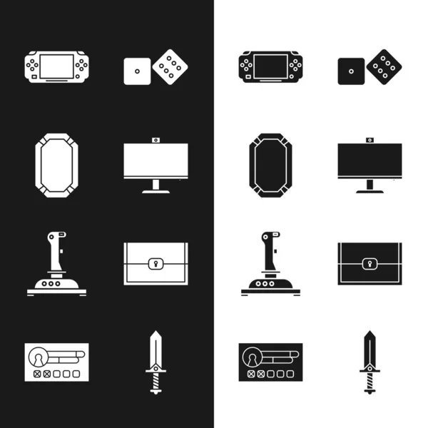 Set Computermonitor, Pokertisch, tragbare Videospielkonsole, Spielwürfel, Joystick für Arcade-Maschine, Truhe, Schwert und Kontobildschirm-Symbol erstellen. Vektor — Stockvektor