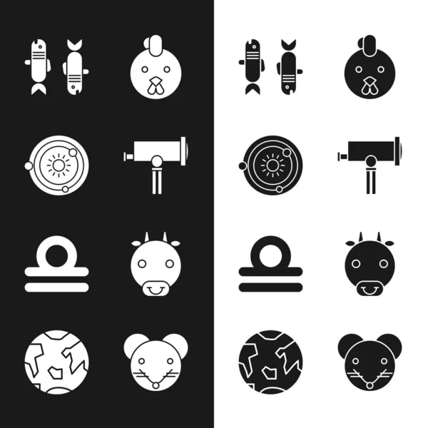 세트 망원경, 태양계, 물고기자리 황도대 , Rooster, Libra, Ox, Rat and Planet Earth icon. Vector — 스톡 벡터
