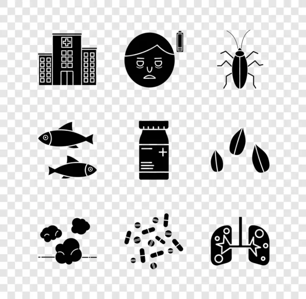 Set médico edificio del hospital, fatiga, cucaracha, polvo, píldora o tableta de la medicina, pulmones, pescado y botella y pastillas icono. Vector — Vector de stock