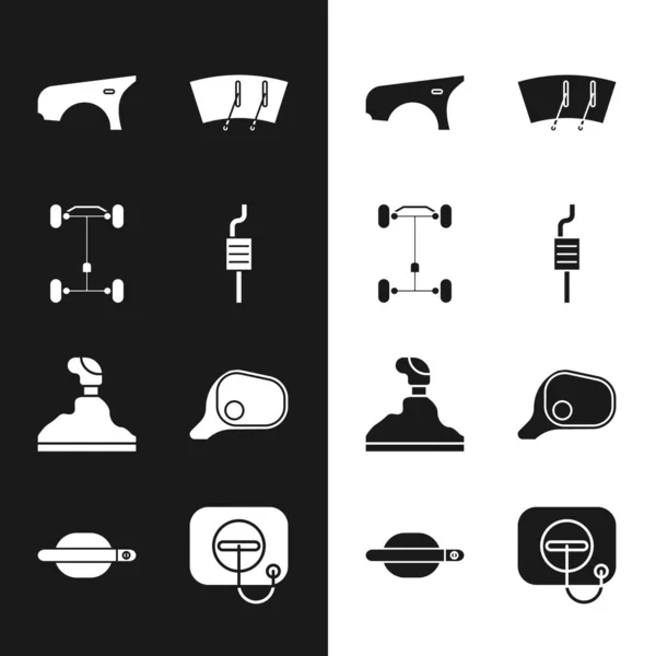 Set Auto-Schalldämpfer, Fahrgestell, Kotflügel, Scheibenwischer, Schalthebel, Spiegel, Öleinfüllstutzen an der Tankstelle und Türgriff-Symbol. Vektor — Stockvektor