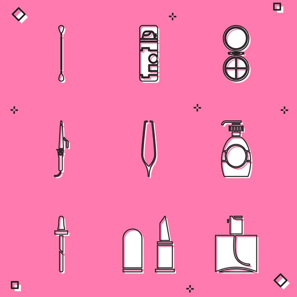 Set Cotton swab for ears, Shaving gel foam, Makeup powder with mirror, Curling iron, Eyebrow tweezers, Bottle of liquid soap, Pipette and Lipstick icon. Vector — Stock Vector