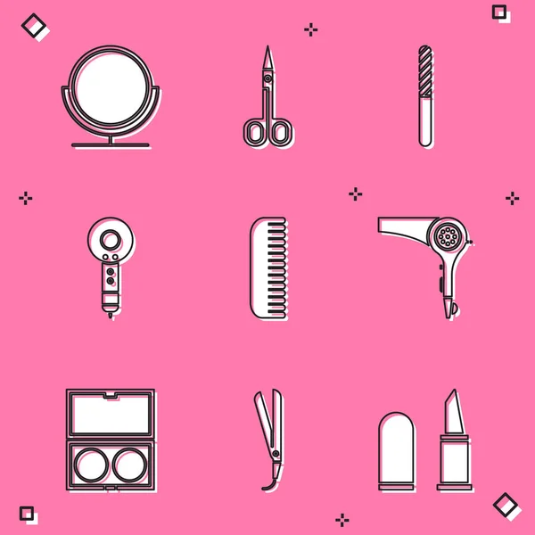 Set Miroir de maquillage rond, ciseaux, lime à ongles, sèche-cheveux, brosse à cheveux, poudre de maquillage avec et icône de fer à friser. Vecteur — Image vectorielle