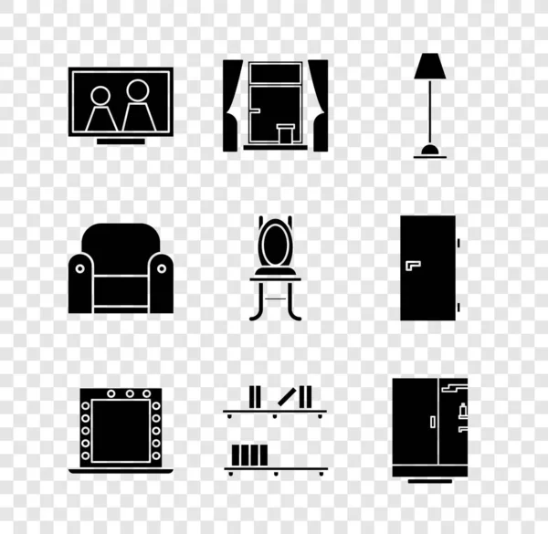 탁자 위에 그림 프레임을 설정하고, 커튼, 플로어 램프, 메이크업 미러 라이트, 셸프 북, 샤우어 객실, 아워 의자, 의자 아이콘을 설치 한다. Vector — 스톡 벡터