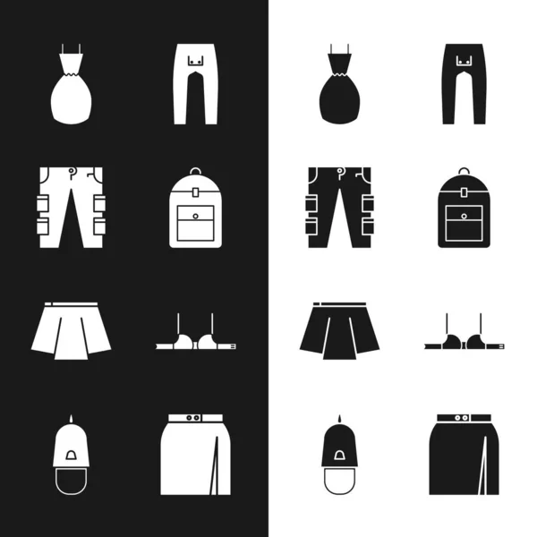Set Batoh, Nákladní kalhoty, Žena šaty, Kalhoty, Sukně, Podprsenka, a policejní čepice s ikonou koktejlu. Vektor — Stockový vektor