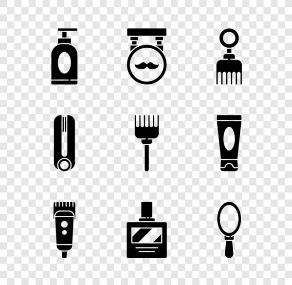 Set Cream or lotion cosmetic tube, Barbershop, Hairbrush, Electrical hair clipper shaver, Aftershave, Hand mirror, Curling iron for and icon. Vector — Stock Vector