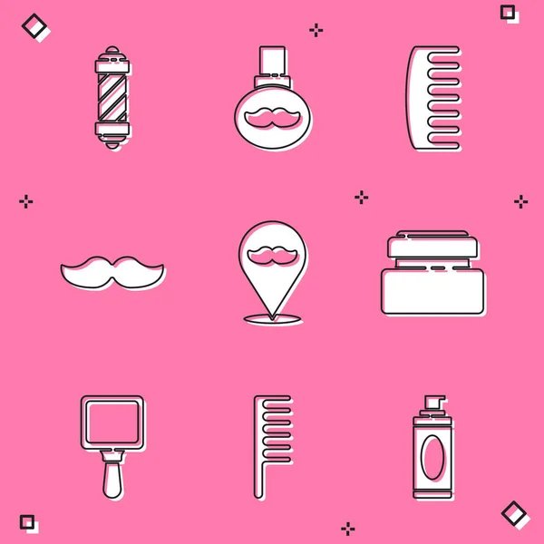 Set Classic Barber shop pole, bouteille d'huile de soin de la barbe et des moustaches, brosse à cheveux, moustache, salon de coiffure, tube cosmétique crème ou lotion, miroir à main et icône. Vecteur — Image vectorielle