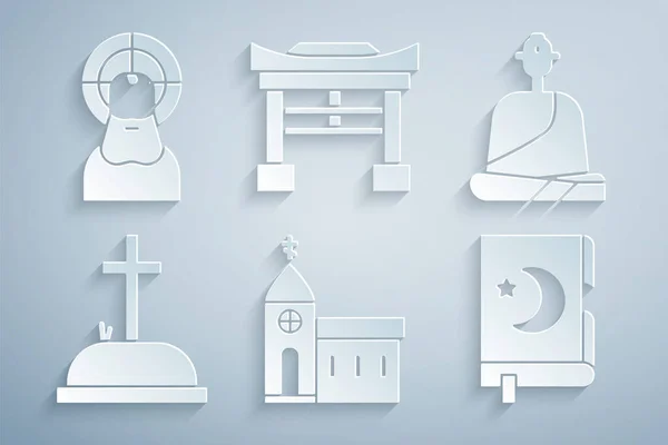 Budynek kościoła, buddyjski mnich, nagrobek z krzyżem, święta księga Koranu, brama Japonii i ikona Jezusa Chrystusa. Wektor — Wektor stockowy