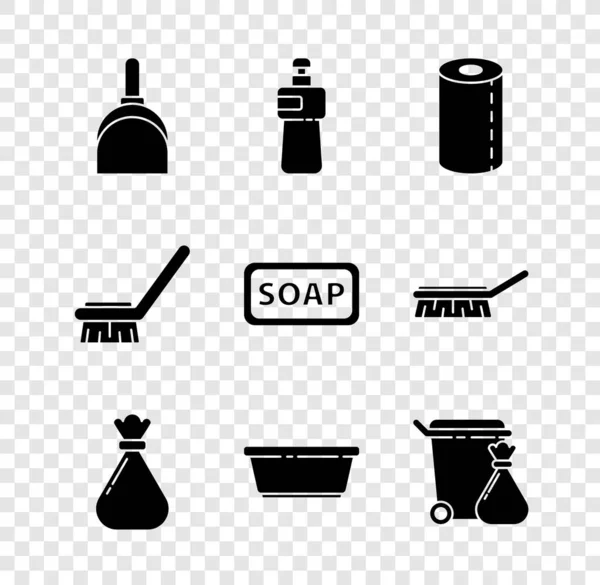 Dustpan, bulaşık deterjanı, kağıt havlu rulosu, çöp torbası, plastik leğen, çöp tenekesi ve çöp, temizlik fırçası ve sabun ikonu. Vektör — Stok Vektör