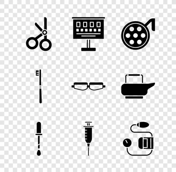 Ställ in Medical sax, Eye test chart, Kirurgi lampa, Pipett, Spruta, blodtryck, Tandborste och Säkerhet goggle glas ikon. Vektor — Stock vektor