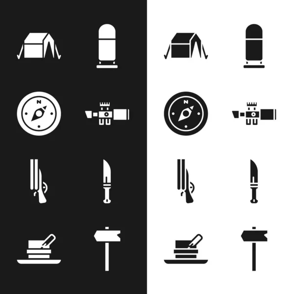 Set Sniper optical sight, Compass, Tourist tent, Bullet, Shotgun, Hunter knife, Road traffic sign and hat with feather icon. Vector — Stock Vector
