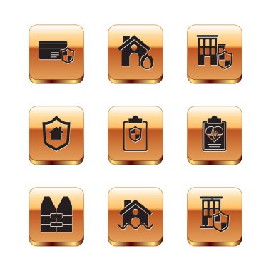 Kredi kartını kalkan, can yeleği, ev baskını, belge ve yangını yanan ev simgesiyle ayarla. Vektör