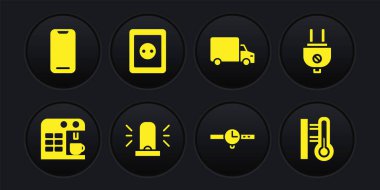 Kahve makinesi, elektrik prizi, flasher siren, bilek saati, teslimat kamyonu, elektrik prizi, meteoroloji termometresi ve akıllı telefon ikonu. Vektör