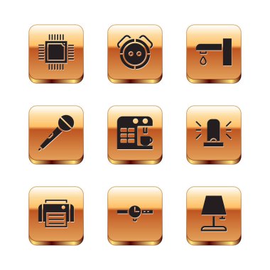 İşlemciyi işlemci, yazıcı, bilek saati, kahve makinesi, mikrofon, su musluğu, masa lambası ve robot elektrik süpürgesi ikonu ile ayarla. Vektör