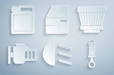 Yüksek kiriş, araba hava filtresi, motoru kontrol et, şok emici, kapı ve teneke kutuda benzin ikonu ara. Vektör