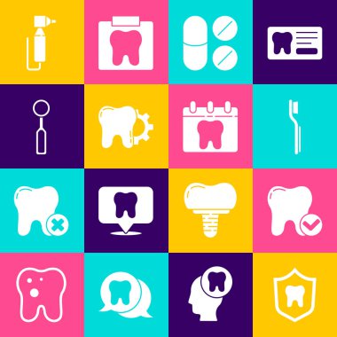 Diş koruma, diş macunu, diş fırçası, ağrı kesici tableti, tedavi prosedürü, kontrol aynası, matkap ve diş ikonlu takvim ayarlayın. Vektör