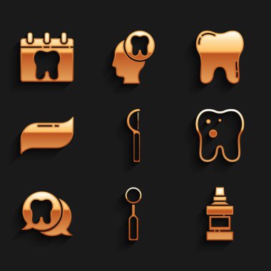 Diş ipi, teftiş aynası, ağız gargarası şişesi, diş macunu, diş macunu ve takvim diş ikonu. Vektör