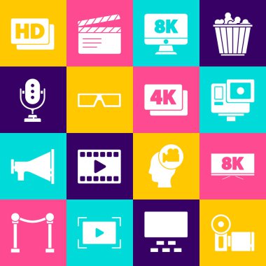 Sinema kamerası, Ekran TV, Ekstrem Aksiyon, Monitör, 3D sinema gözlükleri, Mikrofon, HD film, bant, çerçeve ve 4k Ultra HD simgesi ile ayarlayın. Vektör