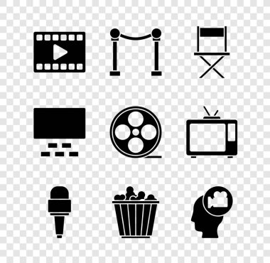 Play Video, Halat Engeli, Yönetmen koltuğu, Mikrofon, Kutuda Patlamış Mısır, Kameralı Kafa, Sinemada konser salonu koltukları ve Film makarası ikonu. Vektör