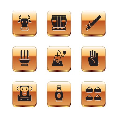 İnek, Maymun, Hint vazosu, çay poşeti, tütsü çubukları, bambu flüt Hint, baharat ve enstrüman tablosu. Vektör