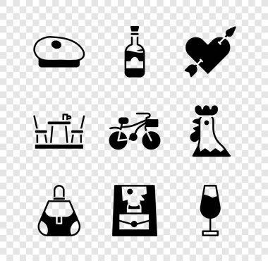 Fransız beresi, bir şişe şarap, kalbi ve oku olan Amour, el çantası, şarap kadehi, kafe ve bisiklet ikonu. Vektör