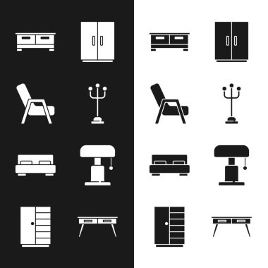 Kürsü, Kol Sandalyesi, Çekmeceler, Gardırop, Büyük Yatak, Masa Lambası, Ofis Masası ve İkona. Vektör