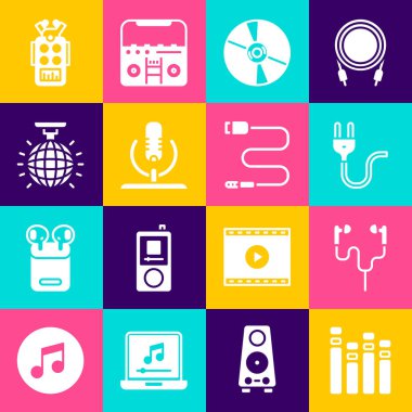 Müzik eşitleyicisi, Air kulaklıkları, Electric prize, CD veya DVD disketi, Mikrofon, Disco ball ve Audio jack ikonu. Vektör
