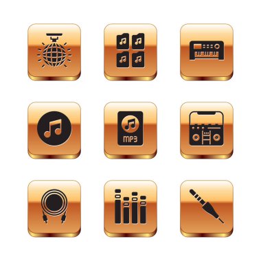 Disko topu, ses krikoyu, müzik dengeleyicisi, MP3 dosya belgesi, not, ton, sentezleyici ve simge ayarla. Vektör